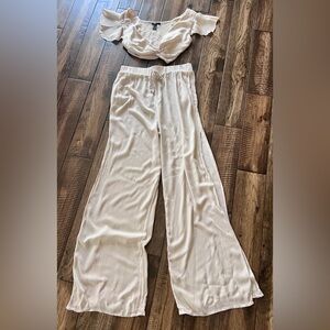 Women’s Cream Wrapped Crop Top w/ Wide-Leg Pants Set